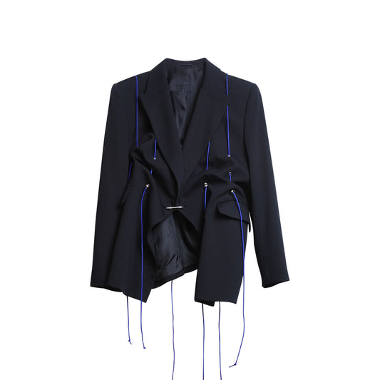 Blue upcycled blazer with electric blue elastic details by Azul Ballestero