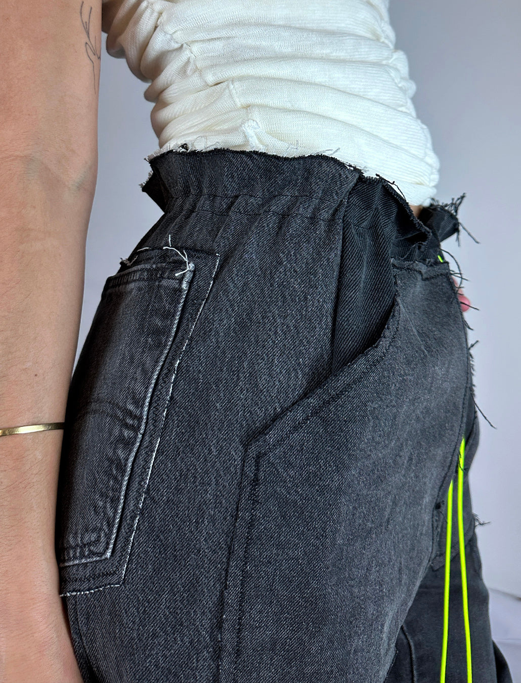 Wide-leg upcycled denim pants with voluminous textile detail