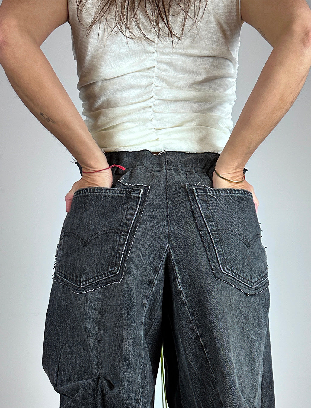 Wide-leg upcycled denim pants with voluminous textile detail