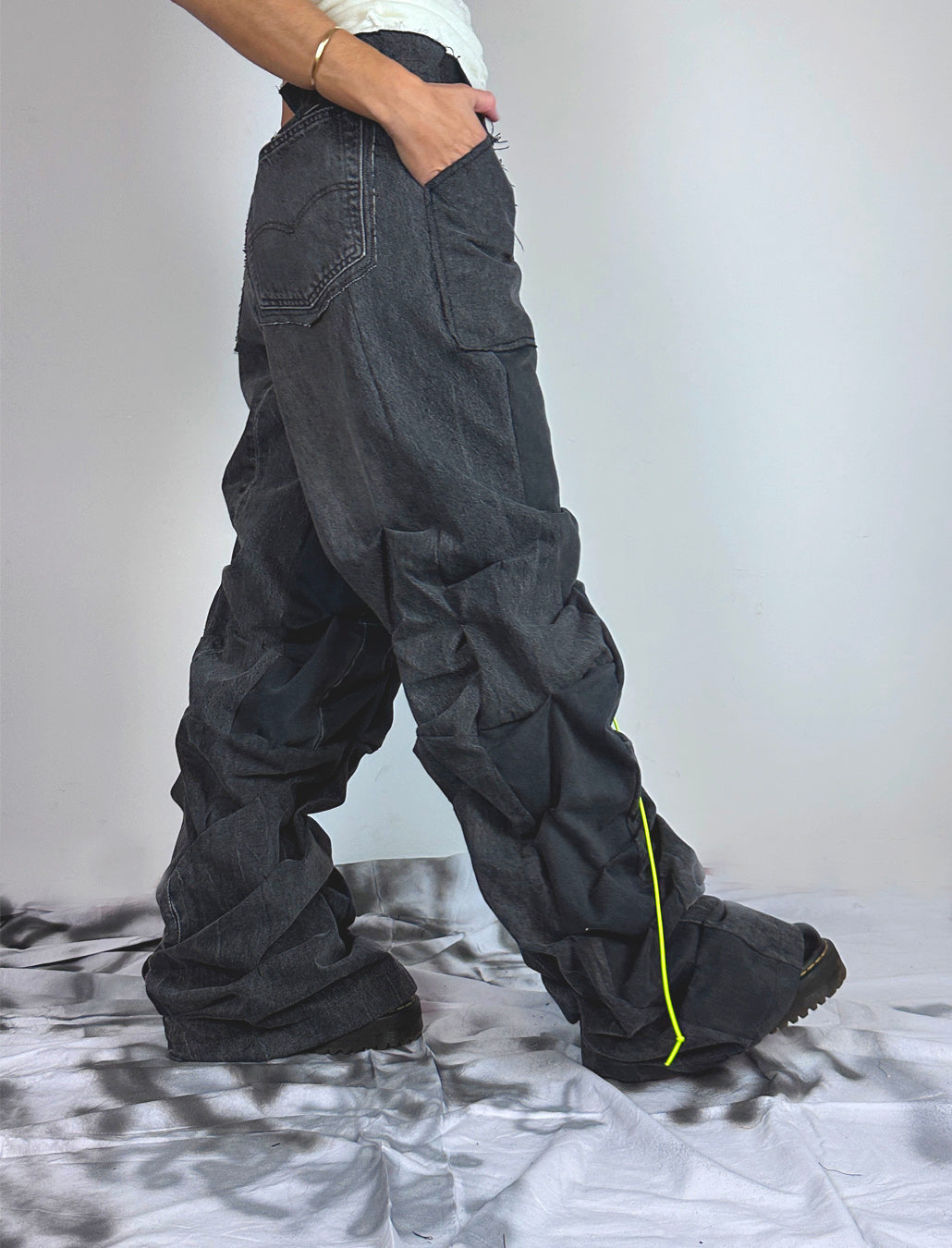 Wide-leg upcycled denim pants with voluminous textile detail