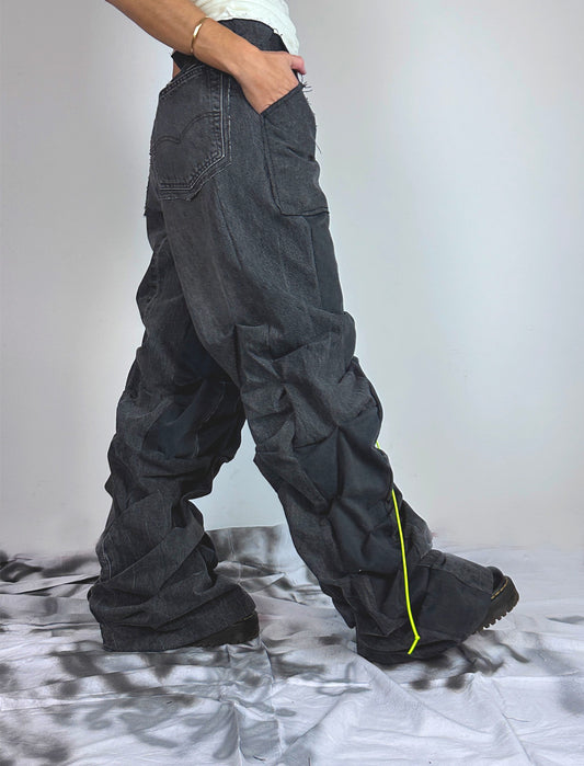 Wide-leg upcycled denim pants with voluminous textile detail