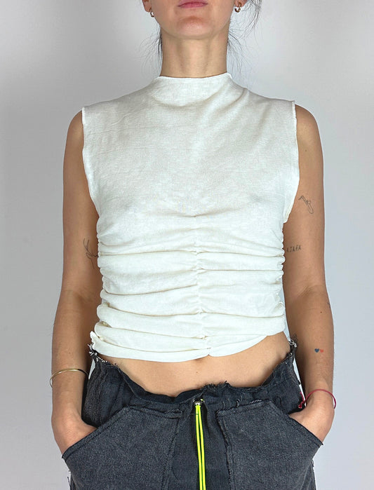 White ruched sleeveless high-neck top by Azul Ballestero