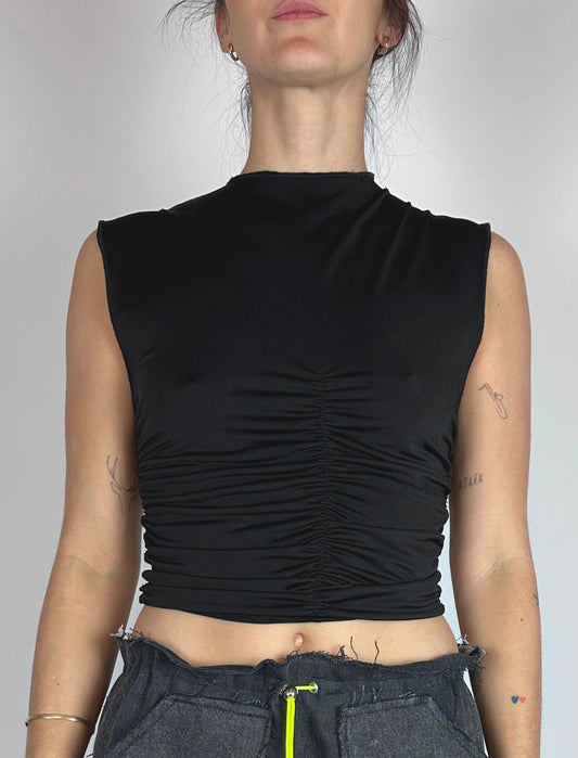Ruched sleeveless high-neck top with fitted silhouette by Azul Ballestero